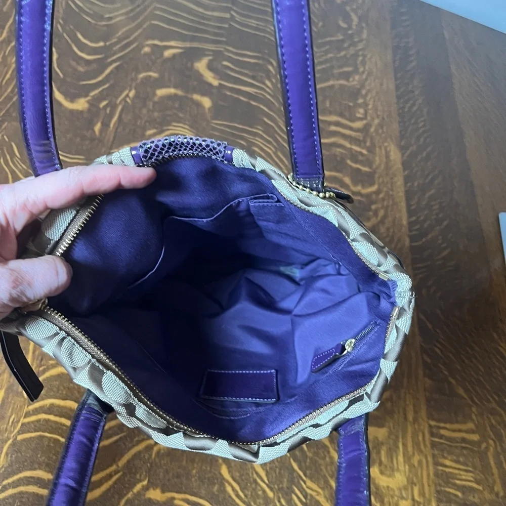 Coach Signature Canvas Small Tote with Purple Snakeskin accents
